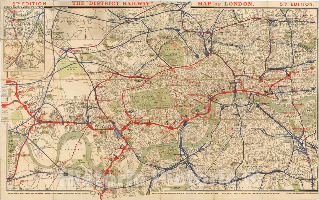 Historic Map : The District Railway Map of London. 5th Edition., c1892, , Vintage Wall Art