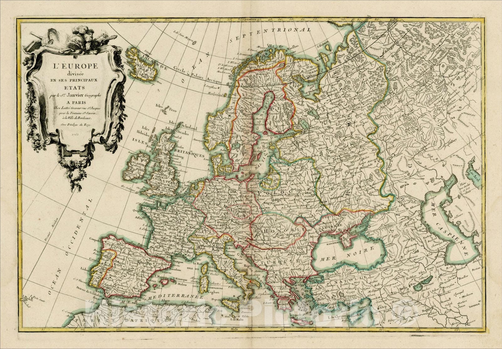 Historic Map : L'Europe divisee En Ses Principaux Etats, 1762, 1762, Jean Janvier, Vintage Wall Art