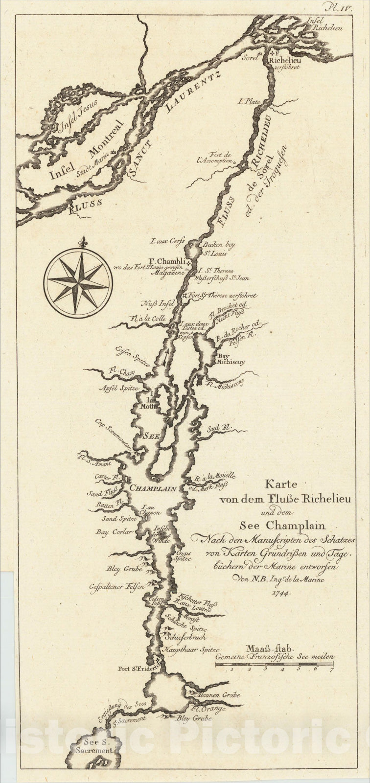 Historic Map : [Lake Champlain] Karte von dem Flusse Richelieu und dem See Champlain Nach den Manuscripten, 1756, Pierre Francois Xavier de Charlevoix, Vintage Wall Art