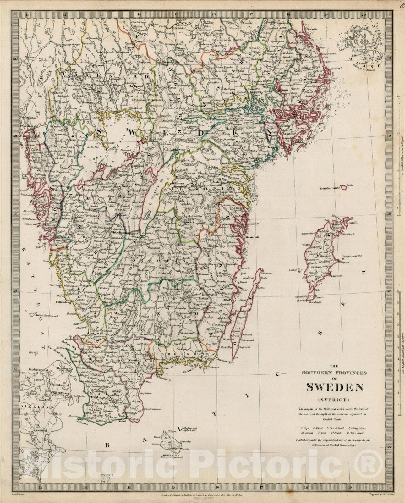 Historic Map : The Southern Provinces of Sweden (Sverige), 1833, SDUK, Vintage Wall Art