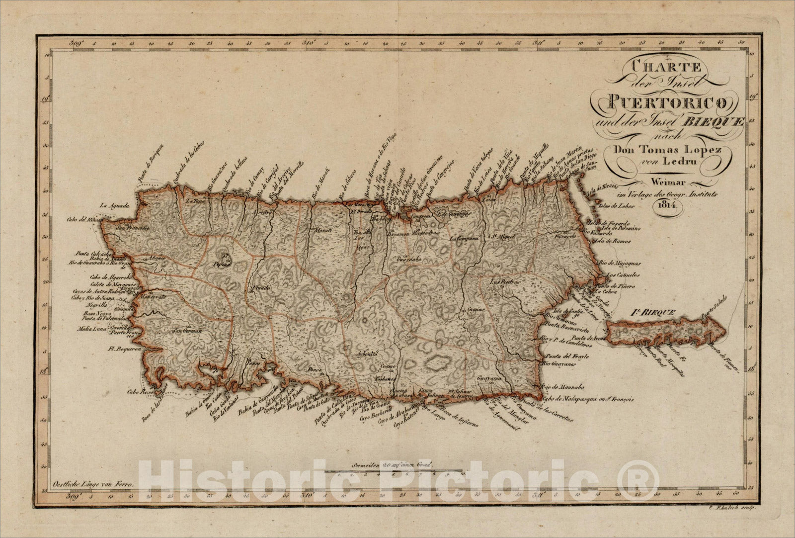 Historic Map : Charte der Inseln Puertorico und der Insel Bieque nach Don Tomas Lopez von Ledru, 1814, 1814, Weimar Geographische Institut, Vintage Wall Art