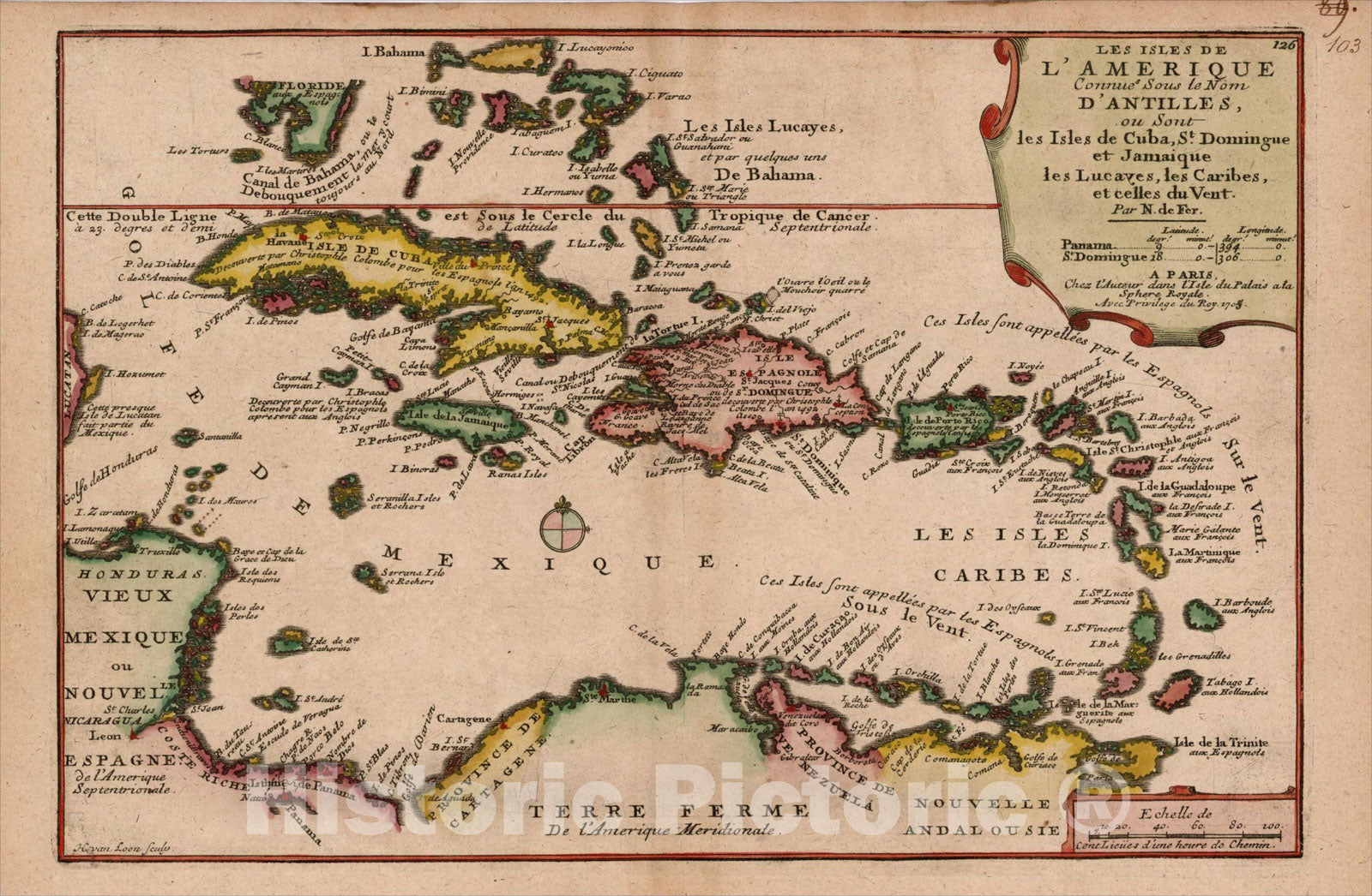 Historic Map : Les Isles De L'Amerique Connues Sous le Nom D'Antilles, ou Sont les Isles de Cuba, St. Domingue et Jamaique les Lucayes, les Caribes? 175, 1705, Vintage Wall Art