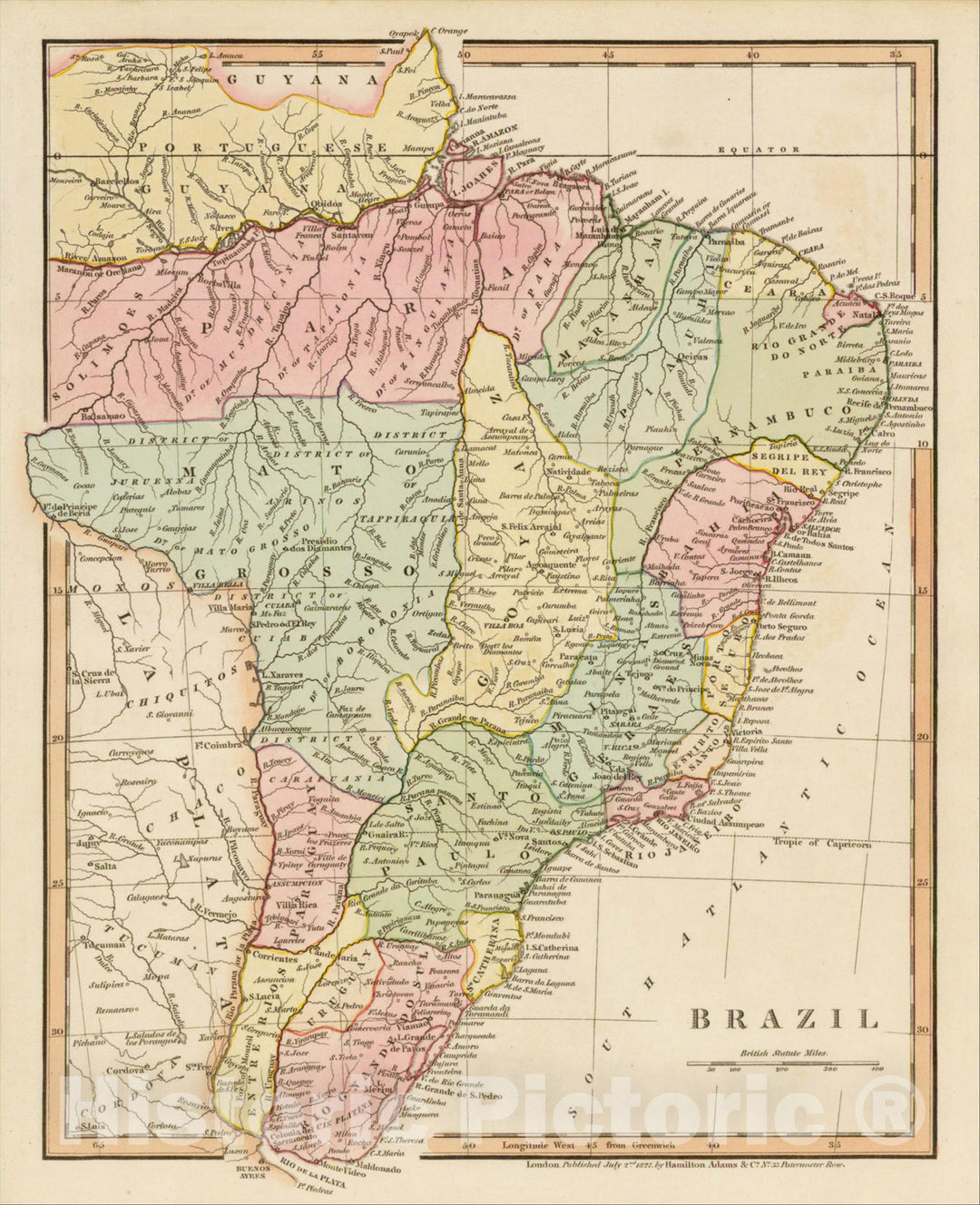 Historic Map : Brazil, 1822, Hamilton, Adams & Co., Vintage Wall Art