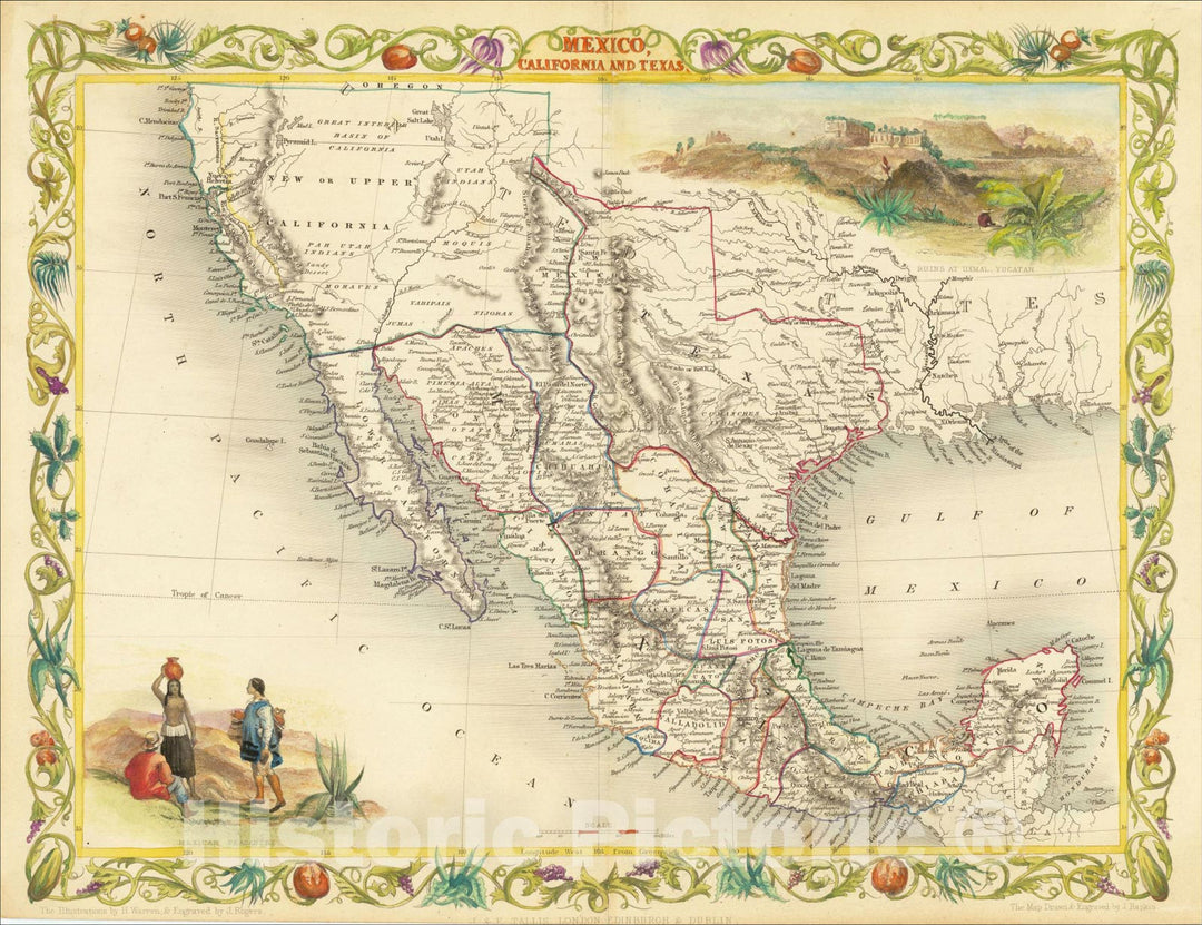 Historic Map : Mexico, California and Texas, 1849, John Tallis, Vintage Wall Art