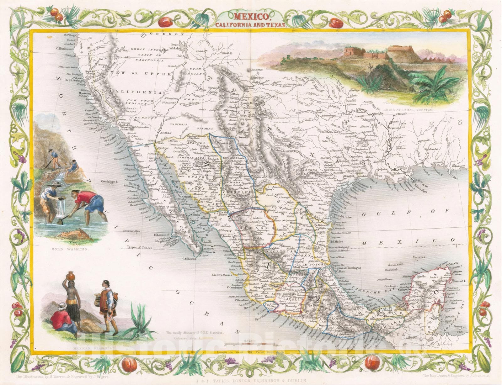 Historic Map : Mexico, California and Texas (with Gold Rush Vignette), 1851, John Tallis, v3, Vintage Wall Art