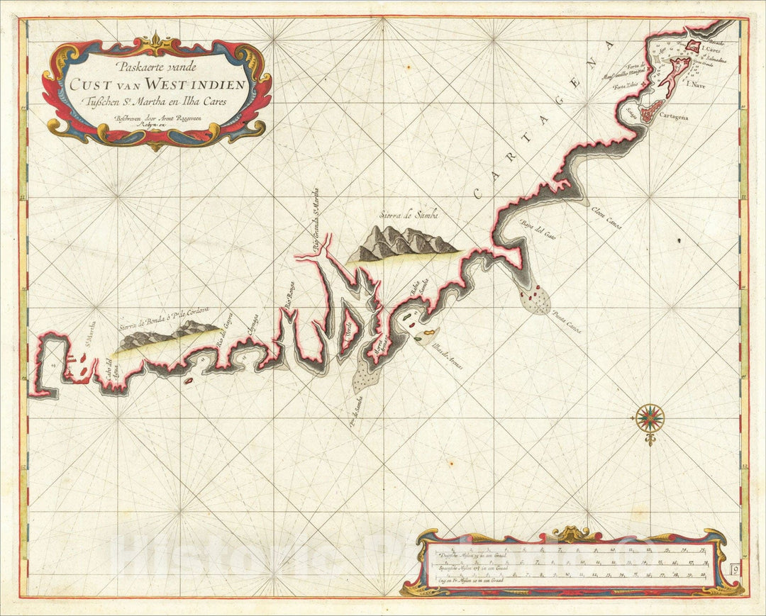 Historic Map : (Colombia) Paskaerte vande Cust van West-Indien Tuschen St. Martha en Ilha Cares, 1698, Arent Roggeveen, Vintage Wall Art