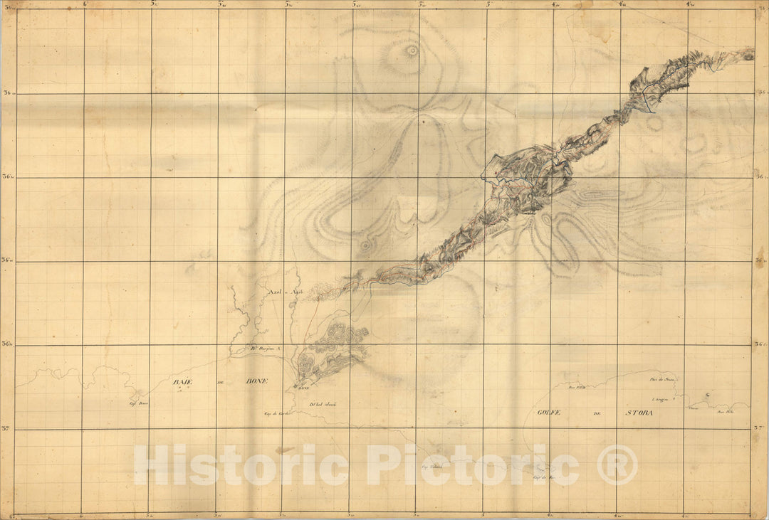 Historic Map : (Manuscript Map - B?e to Constantine, Algeria), c1836, , Vintage Wall Art