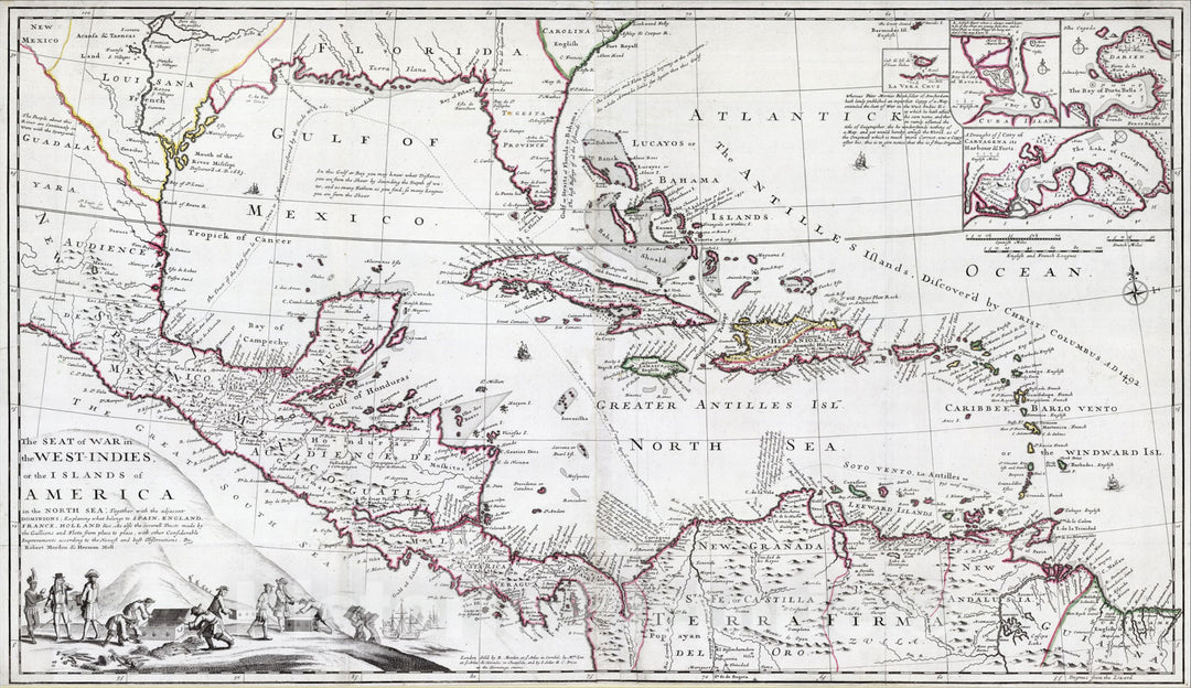 Historic Map : Seat of War in the West-Indies, Together with the adjacent Dominions; Explaining what belongs to Spain, England, France, Holland, 1702, Vintage Wall Art