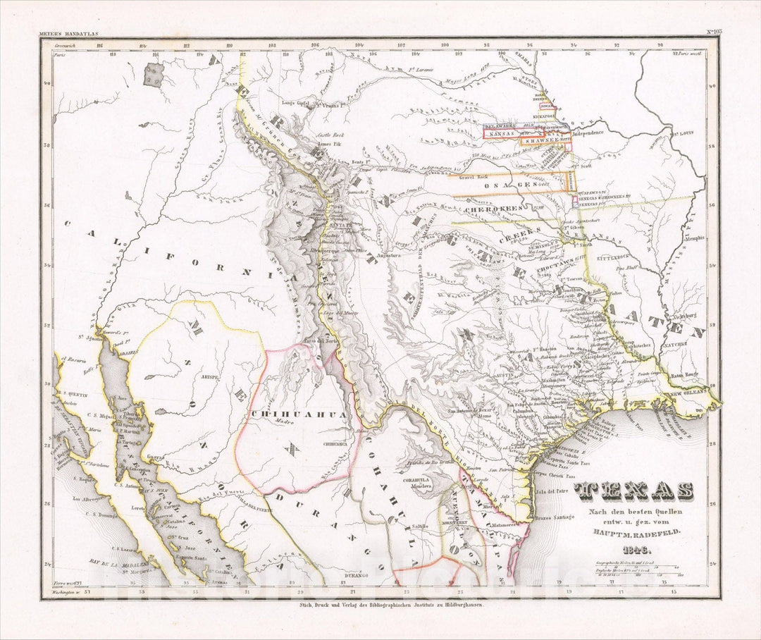 Historic Map : (Republic of Texas) Texas Nach den besten Quellen entw. U. Gez. Vom Hauptm. Radefeld. 1846., 1846, Joseph Meyer, v1, Vintage Wall Art