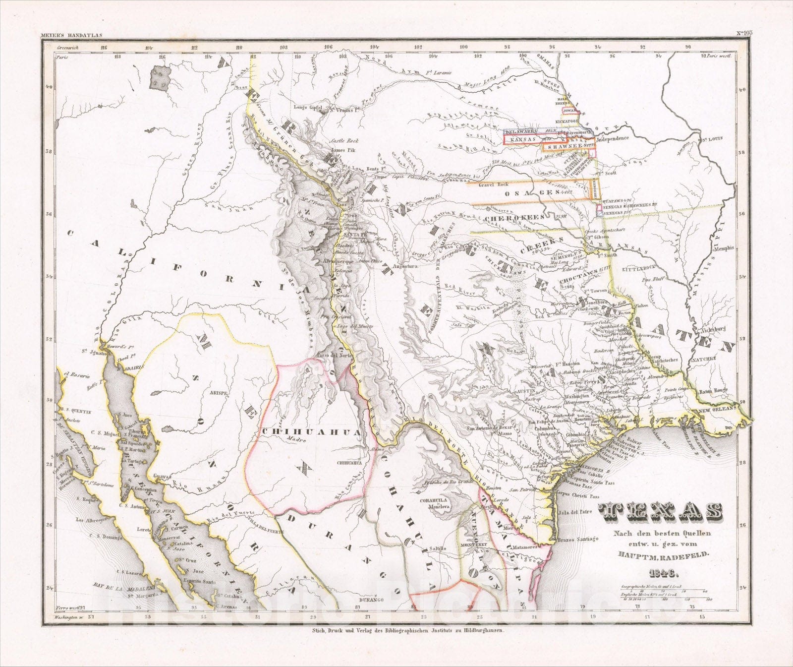 Historic Map : (Republic of Texas) Texas Nach den besten Quellen entw. U. Gez. Vom Hauptm. Radefeld. 1846., 1846, Joseph Meyer, v1, Vintage Wall Art