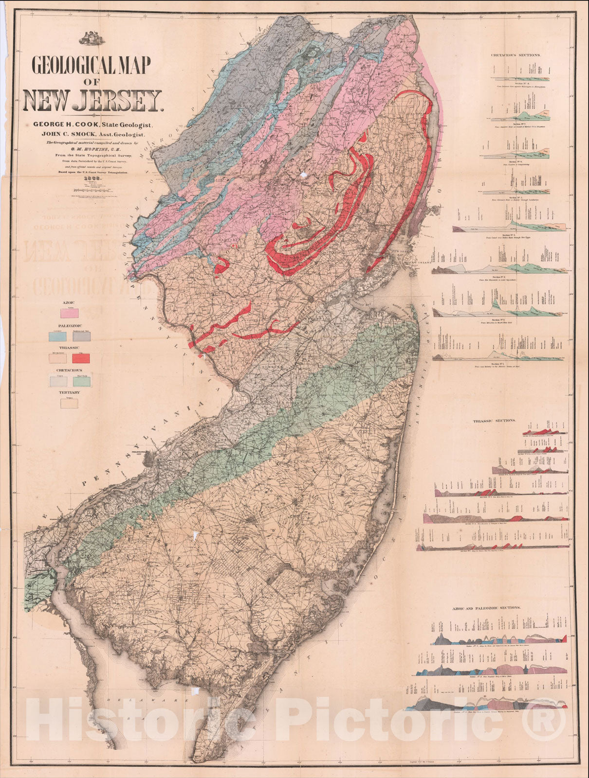 Historic Map : Geological Map of New Jersey, 1868, 1868, James Cook, Vintage Wall Art