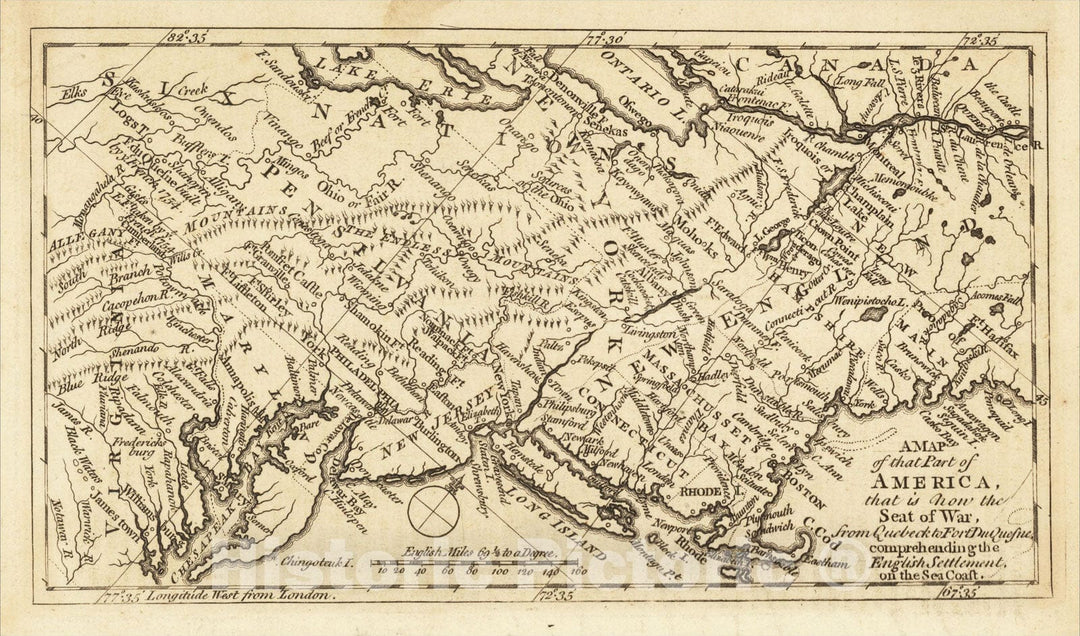 Historic Map : A Map of that Part of America, that is now the Seat of War, from Quebeck to Fort Duquesne, 1758, Grand Magazine of Magazines, Vintage Wall Art