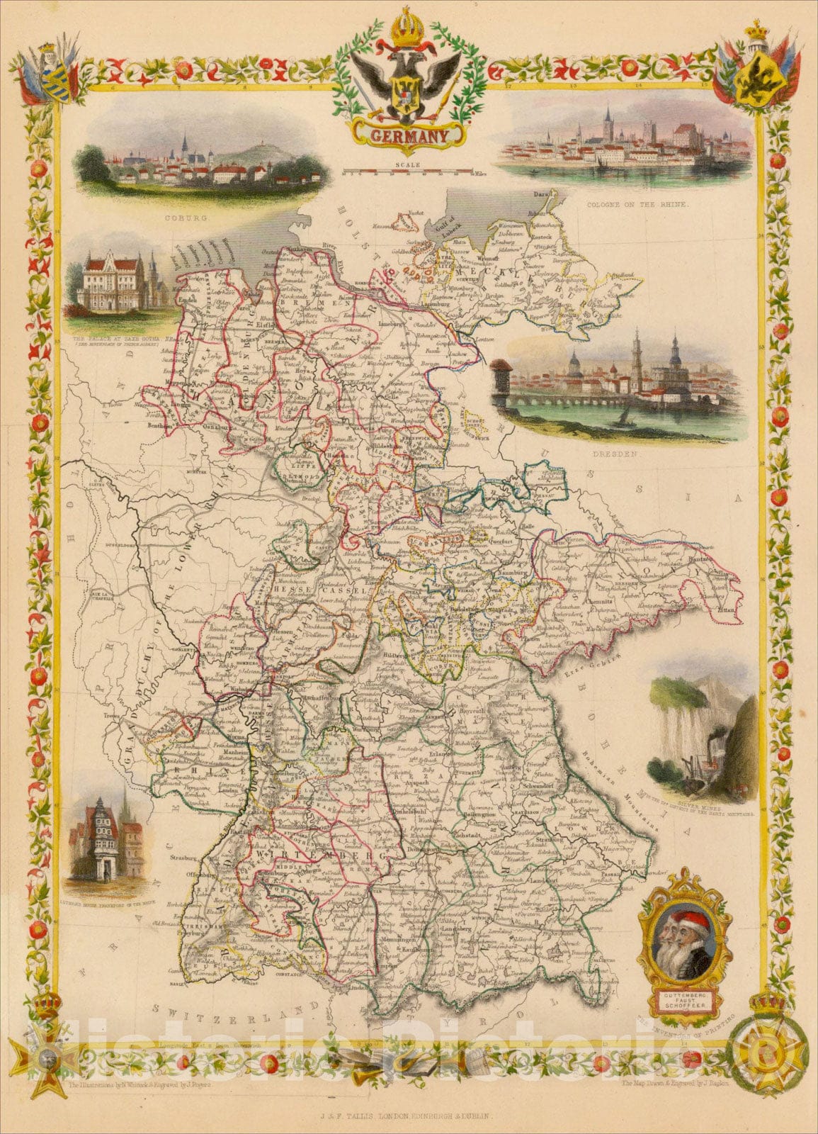 Historic Map : Germany, 1851, John Tallis, v2, Vintage Wall Art