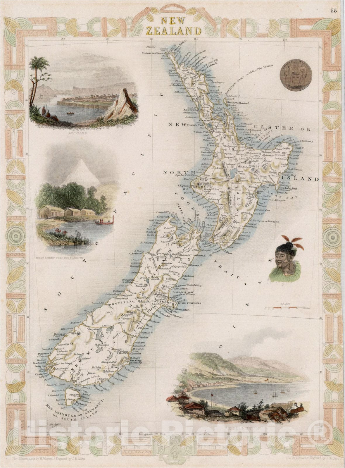 Historic Map : New Zealand, 1851, John Tallis, v6, Vintage Wall Art