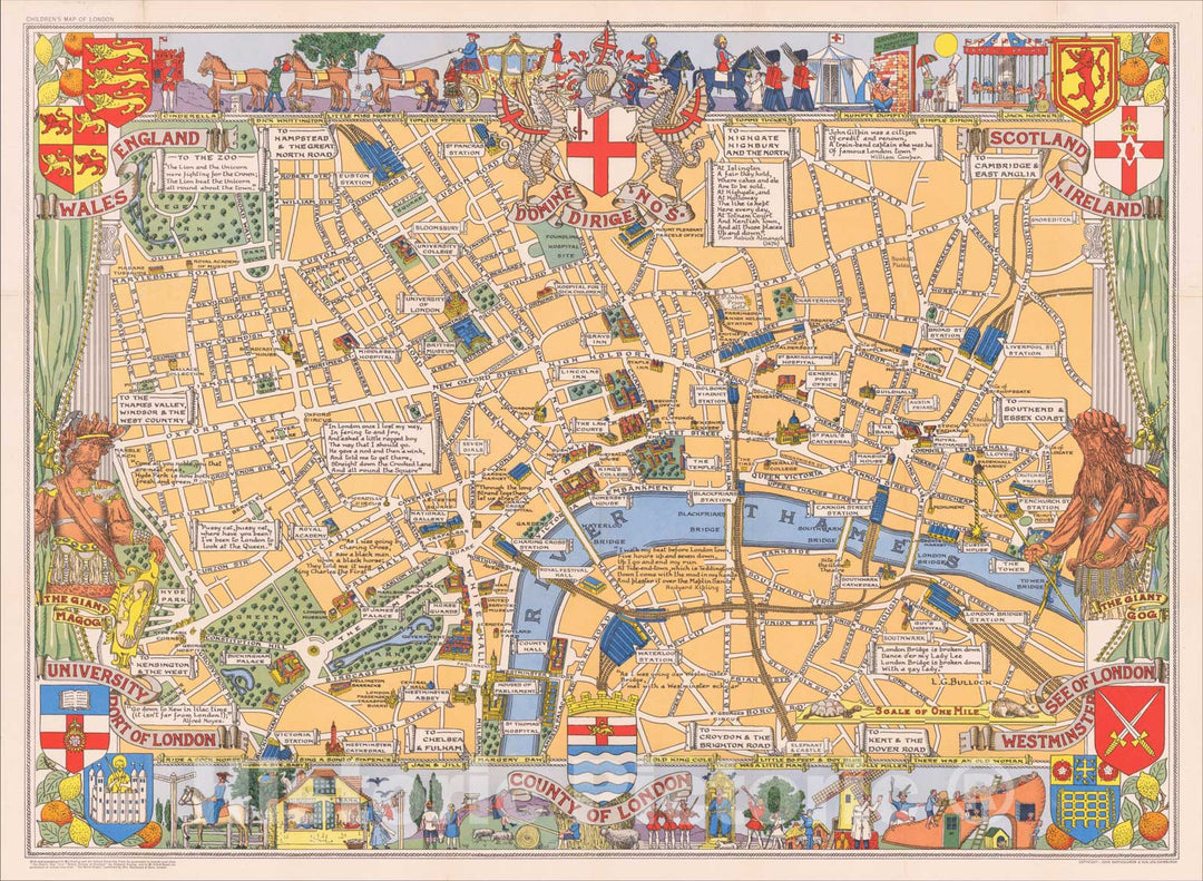 Historic Map : County of London (Children's Map of London), 1955, John Bartholomew, Vintage Wall Art