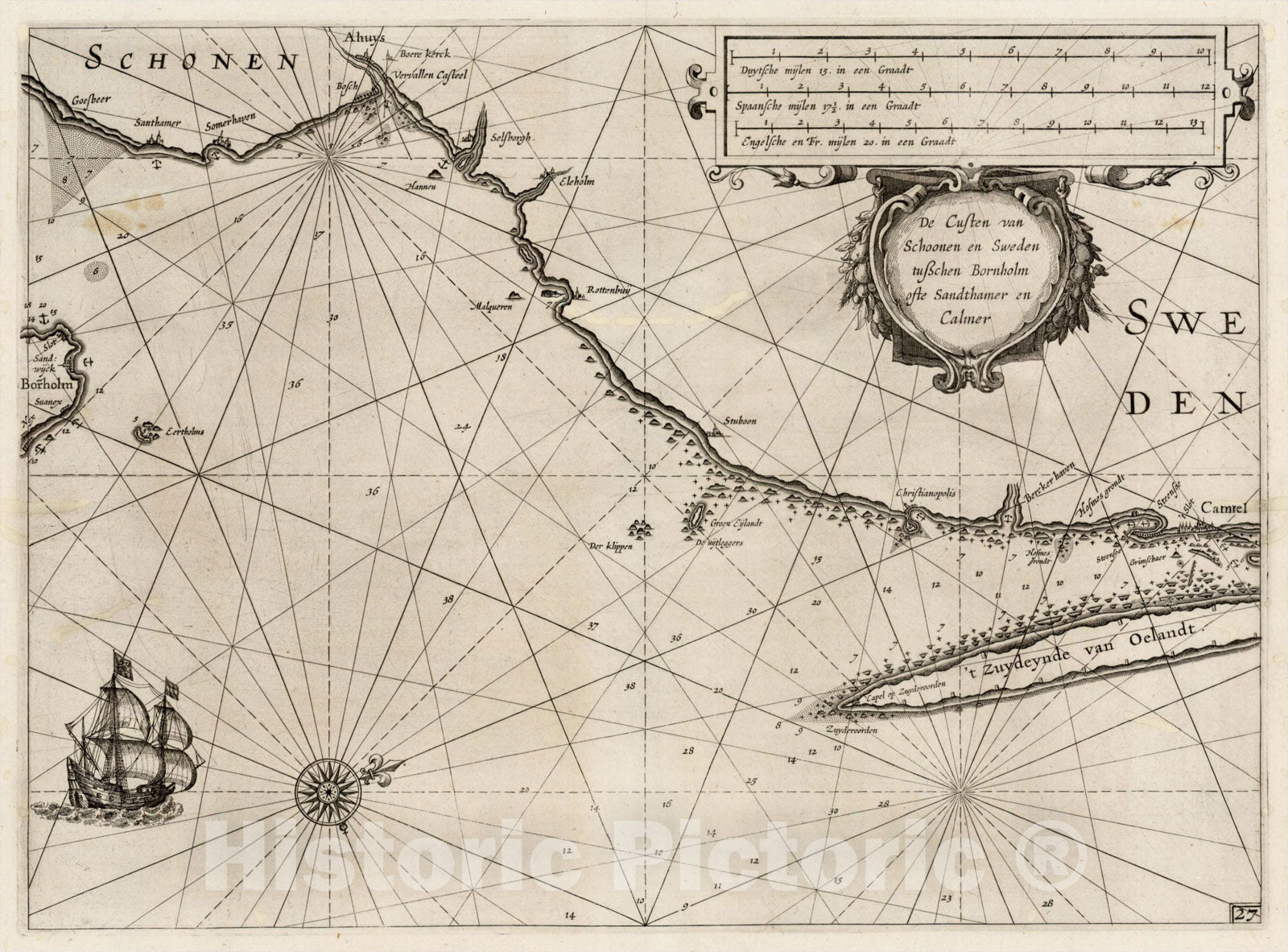 Historic Map : De Custen van Schoonen en Sweden tusschen Bornholm ofte Sandthamer en Calmer, 1623, Willem Janszoon Blaeu, Vintage Wall Art