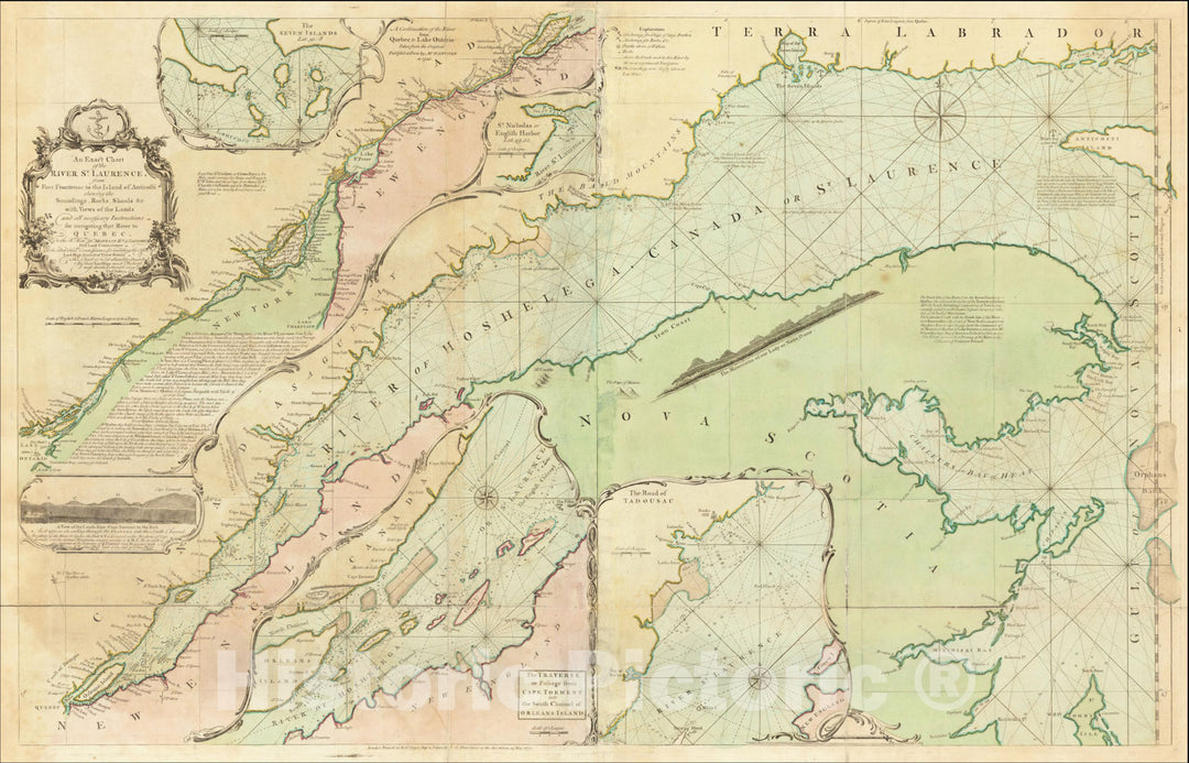 Historic Map : Chart of the River St. Laurence, shewing the Soundings, Rocks, Shoals for navigating that River to Quebec., 1775, Thomas Jefferys, Vintage Wall Art