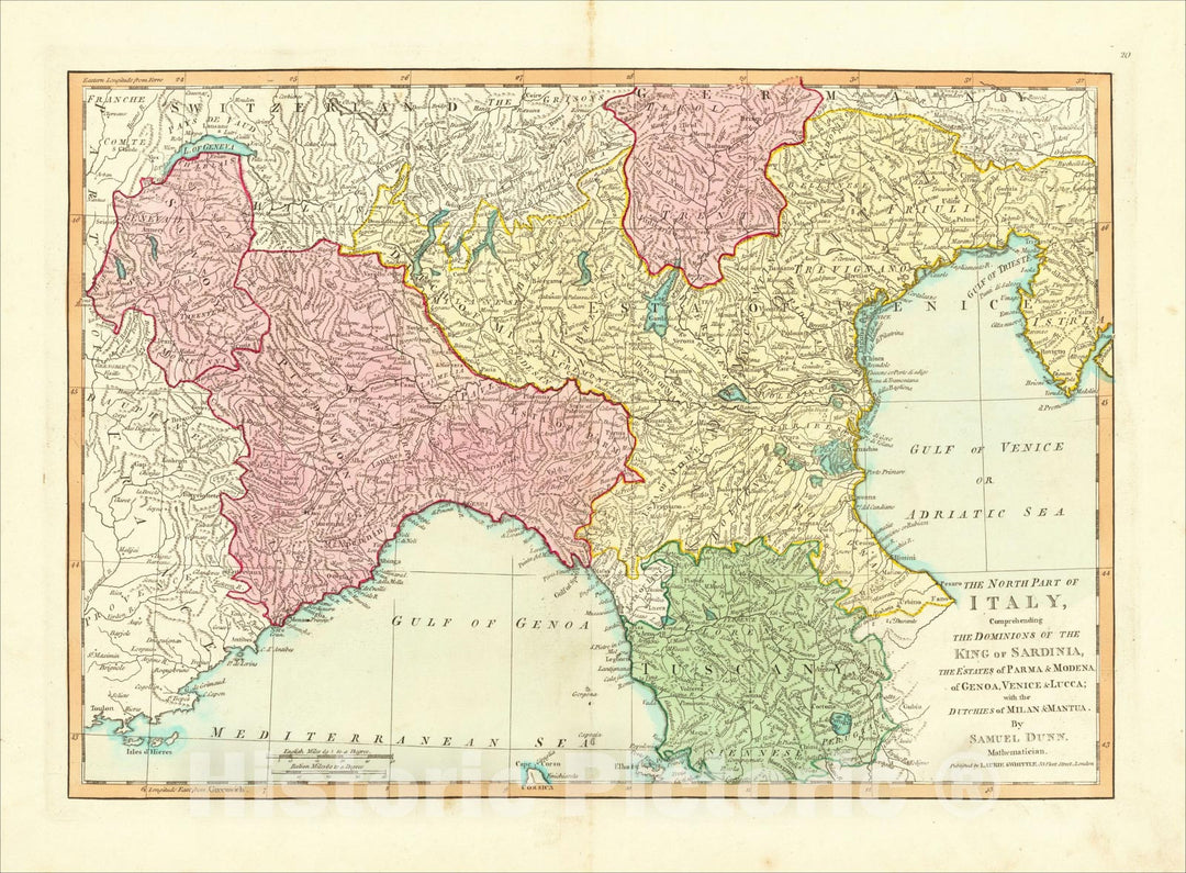 Historic Map : The North Part of Italy, Comprehending The Dominions of the King of Sardinia, The Estates of Parma & Modena, of Genoa, 1794, Samuel Dunn, Vintage Wall Art