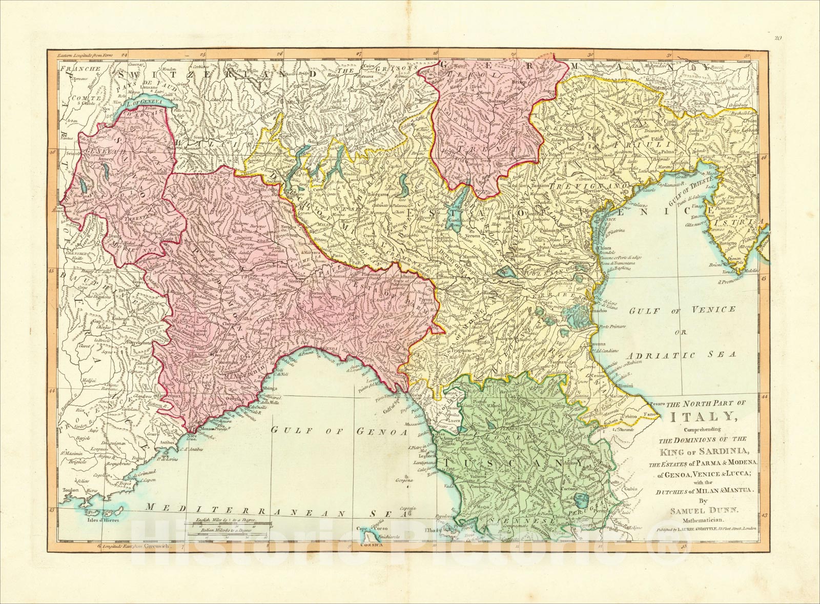 Historic Map : The North Part of Italy, Comprehending The Dominions of the King of Sardinia, The Estates of Parma & Modena, of Genoa, 1794, Samuel Dunn, Vintage Wall Art