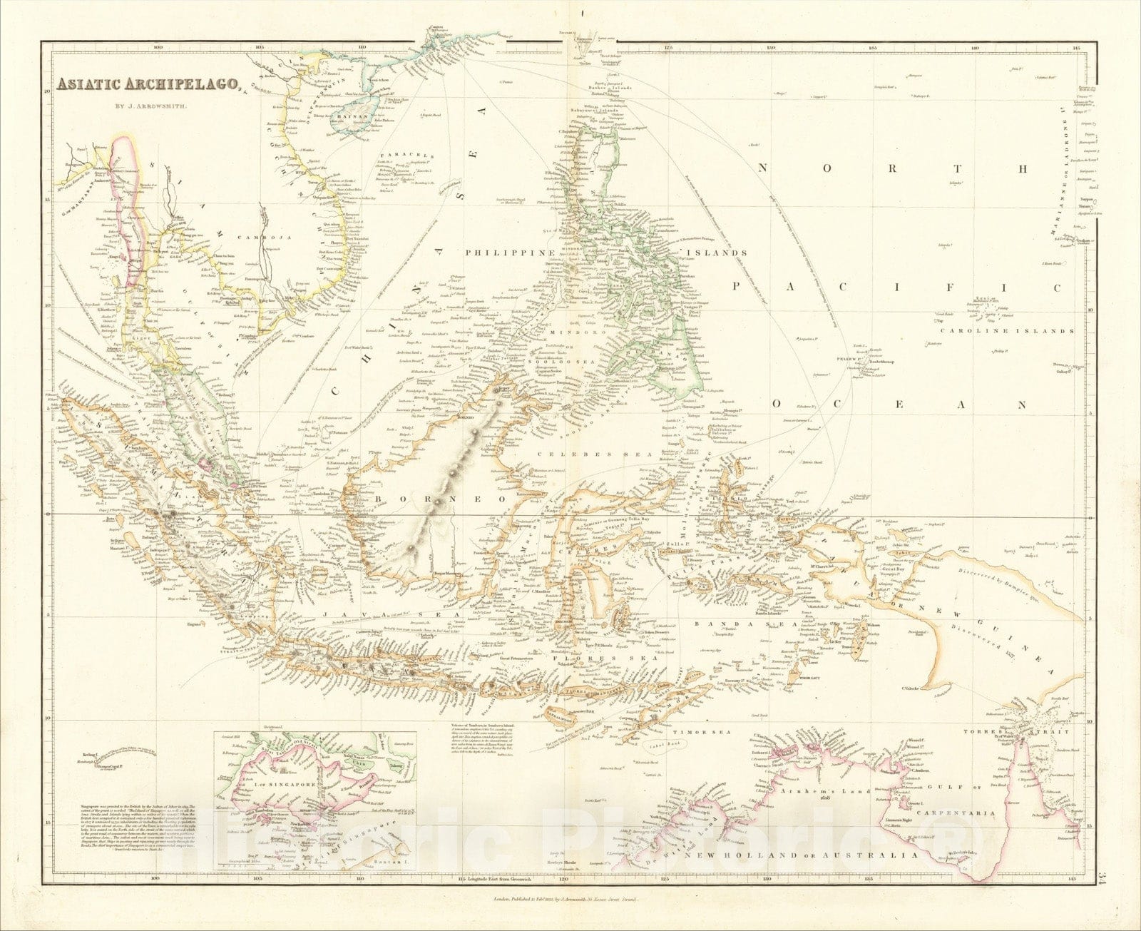 Historic Map : Asiatic Archipelago [Early Singapore Inset], 1832, John Arrowsmith, Vintage Wall Art