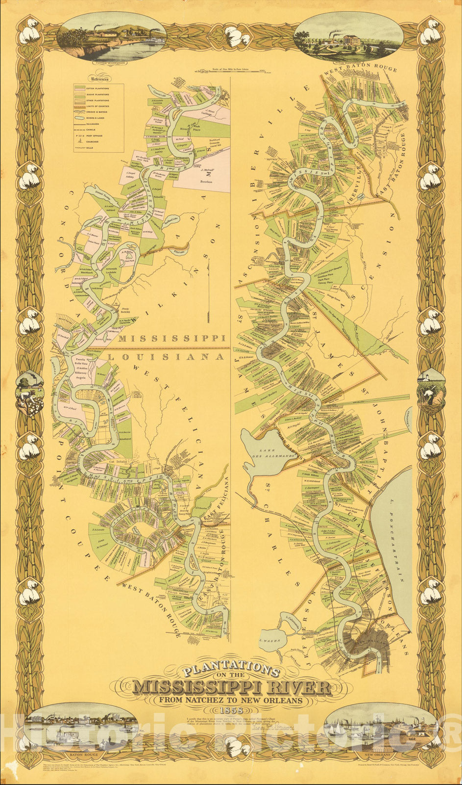 Historic Map : Plantations on the Mississippi River From Natchez to New Orleans 1858., 1858, , Vintage Wall Art