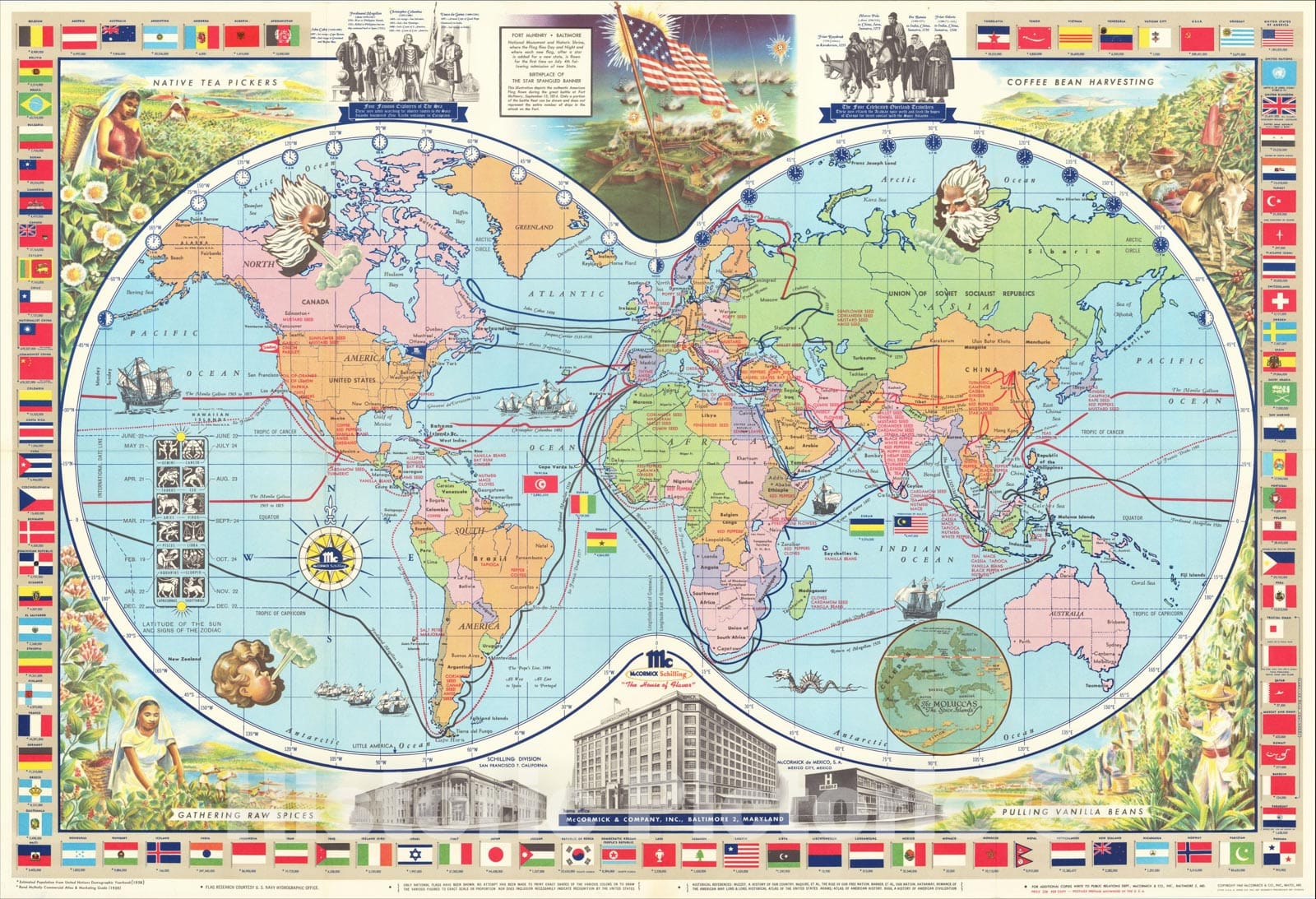 Historic Map : [Coffee, Tea, Vanilla and Spices, Pictorial Map of the World -- McCormick and Company], 1957, McCormick & Company, Vintage Wall Art