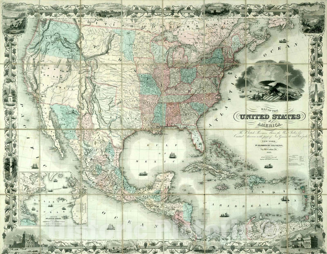 Historic Map : Colton's Map of the United States of America, The British Provinces, Mexico, The West Indies and Central America, 1849 [Case Map], 1849, , Vintage Wall Art