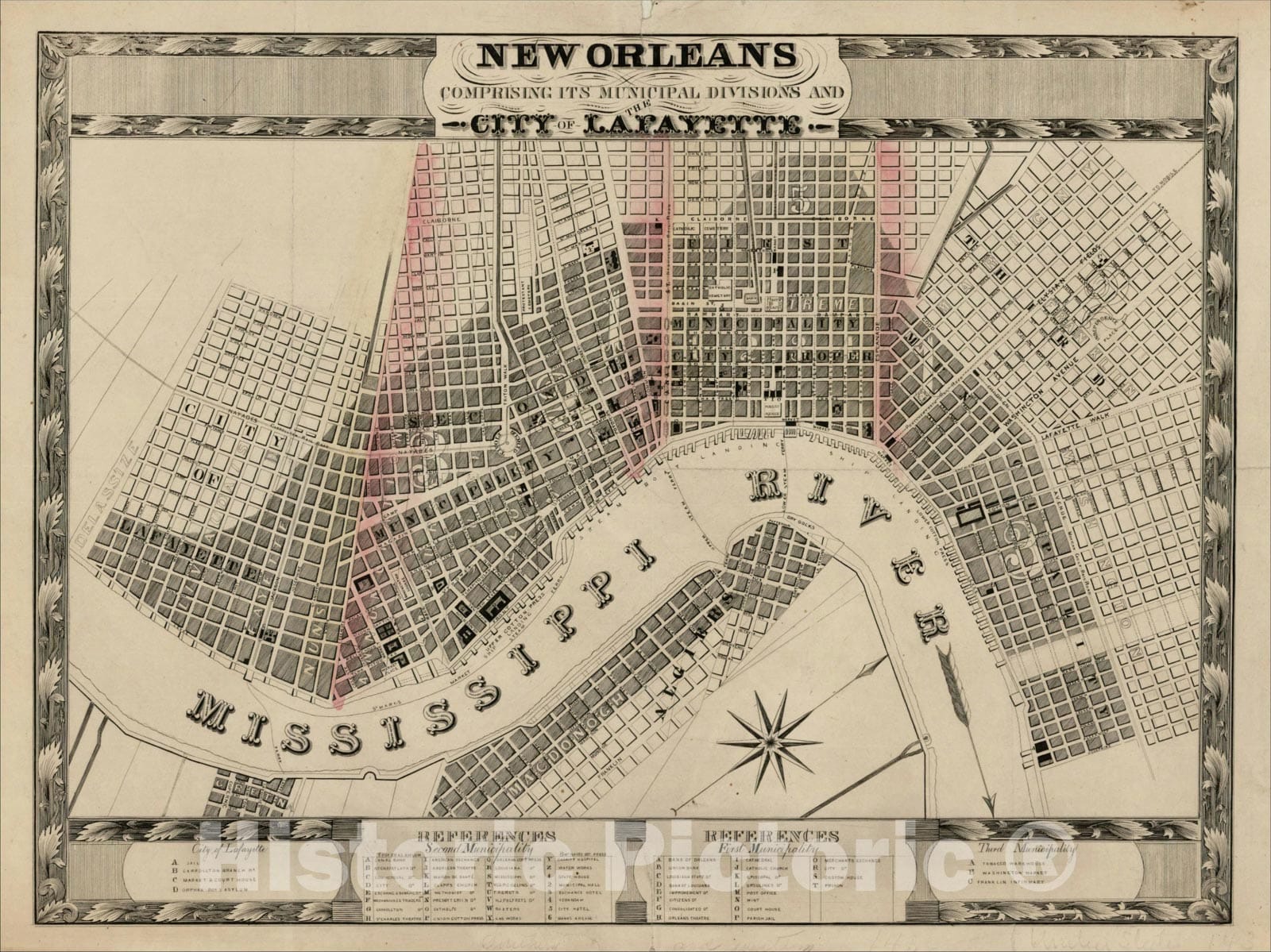 Historic Map : New Orleans Comprising Its Municipal Divisions and The City of Lafayette, c1842, , Vintage Wall Art