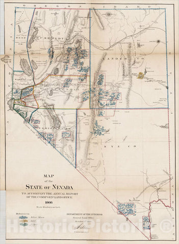 Historic Map : Map of the State of Nevada, 1866 [First Modern Map of Nevada], 1866, U.S. General Land Office, Vintage Wall Art
