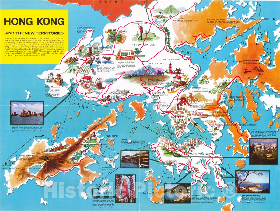 Historic Map : Hong Kong and the New Territories, c1965, Hong Kong Tourist Association, Vintage Wall Art