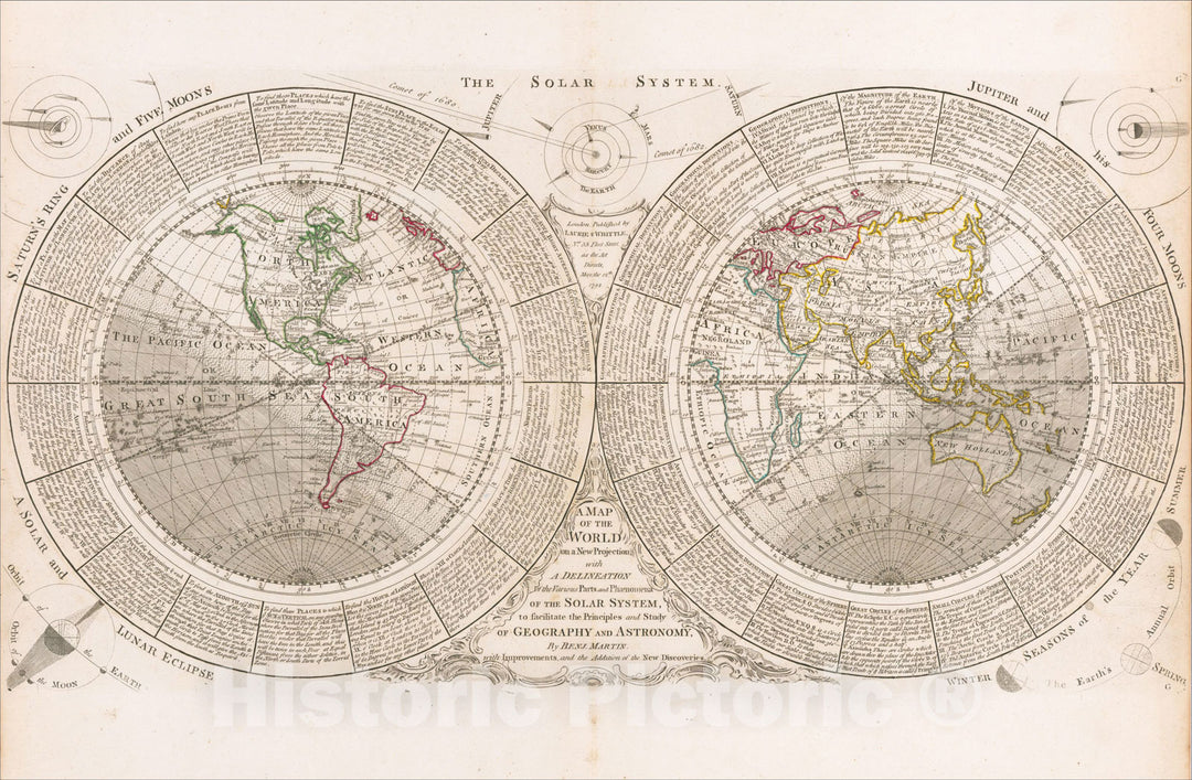 Historic Map : A Map of the World on a new Projection with the Various Parts and Phaenomena of the Solar System, 1794, Benjamin Martin, Vintage Wall Art