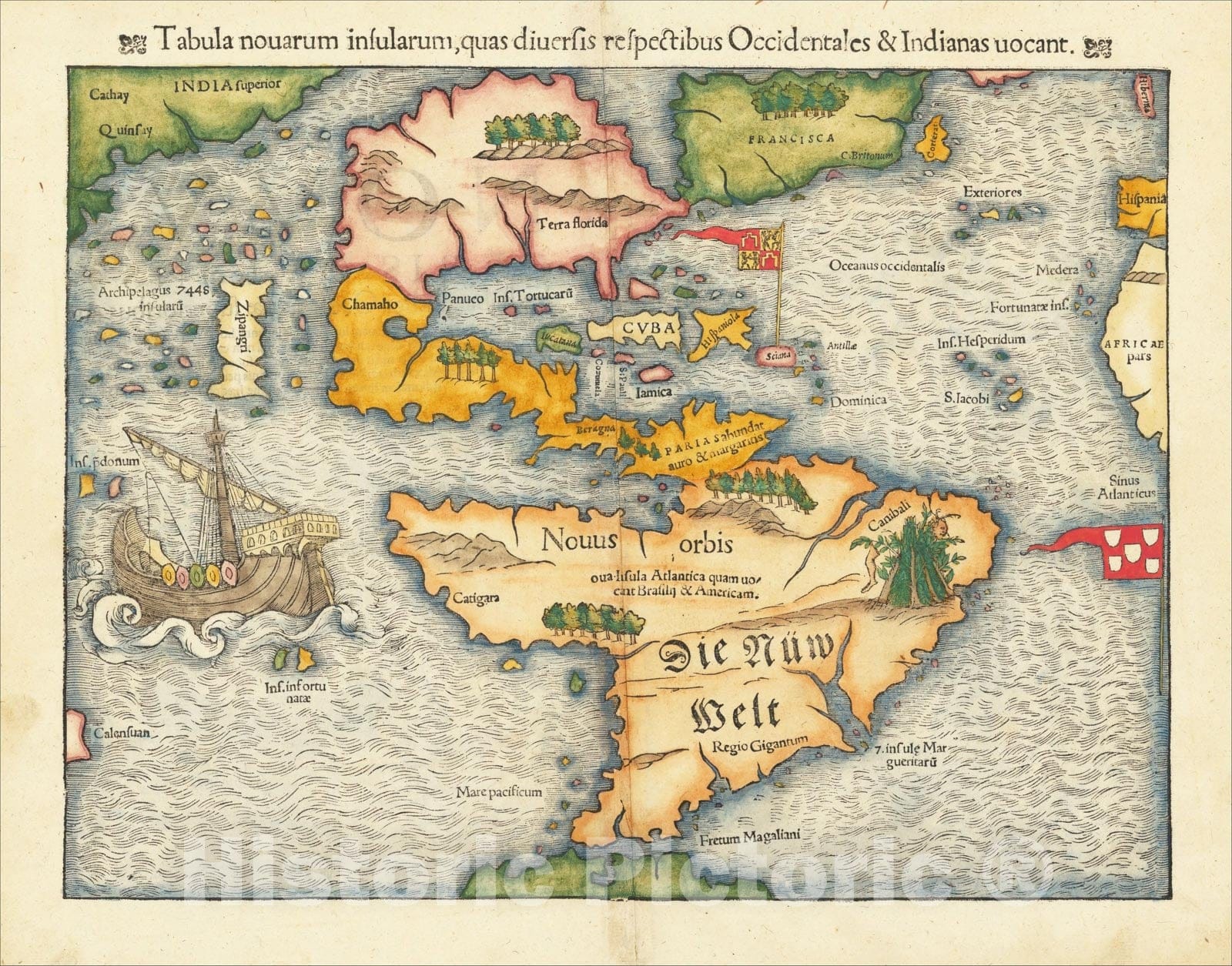 Historic Map : Tabula novarum insularum, quas Diversis respectibus Occidentales & Indianas uocant. [1st Map of the continent of America], 1550, Vintage Wall Art