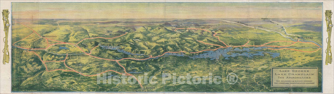 Historic Map : Green Bird's Eye View of Lake George, Lake Champlain, and the Adirondacks, 1916, Anonymous, Vintage Wall Art