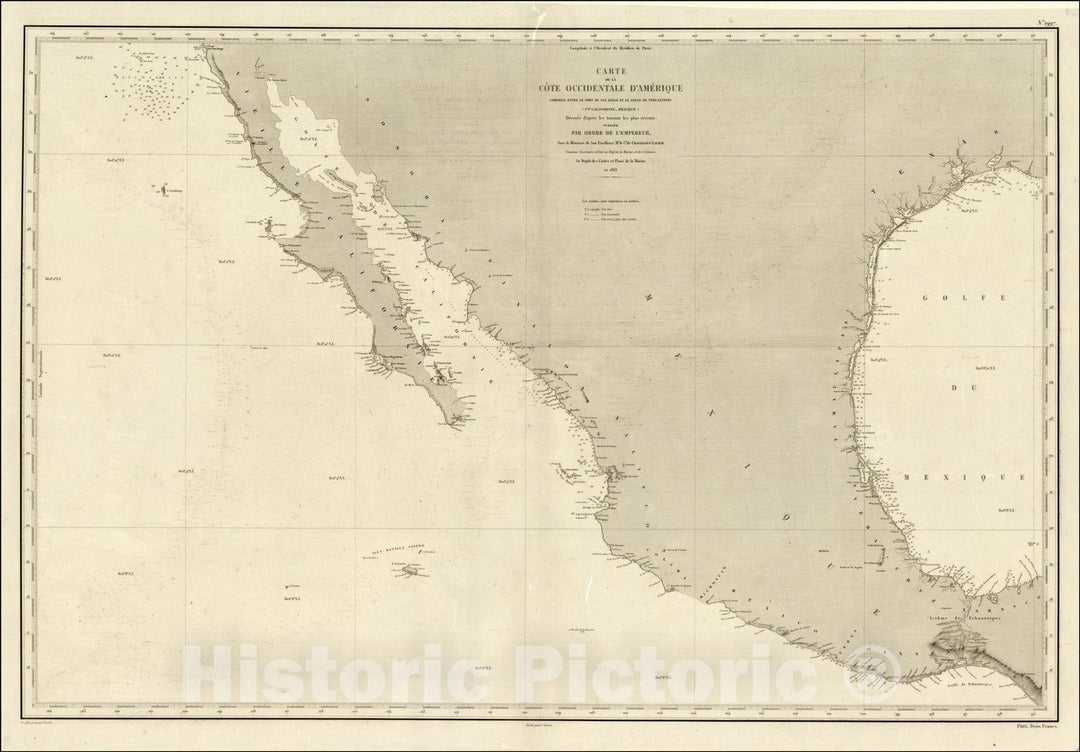 Historic Map : Carte de la Cote Occidentale D'Amerique Comprise Entre le Port de San Diego et le Golfe de Tehuantepec, 1863, Depot de la Marine, Vintage Wall Art