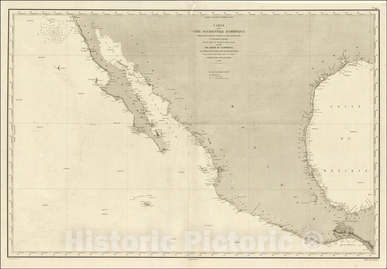 Historic Map : Carte de la Cote Occidentale D'Amerique Comprise Entre le Port de San Diego et le Golfe de Tehuantepec, 1863, Depot de la Marine, Vintage Wall Art