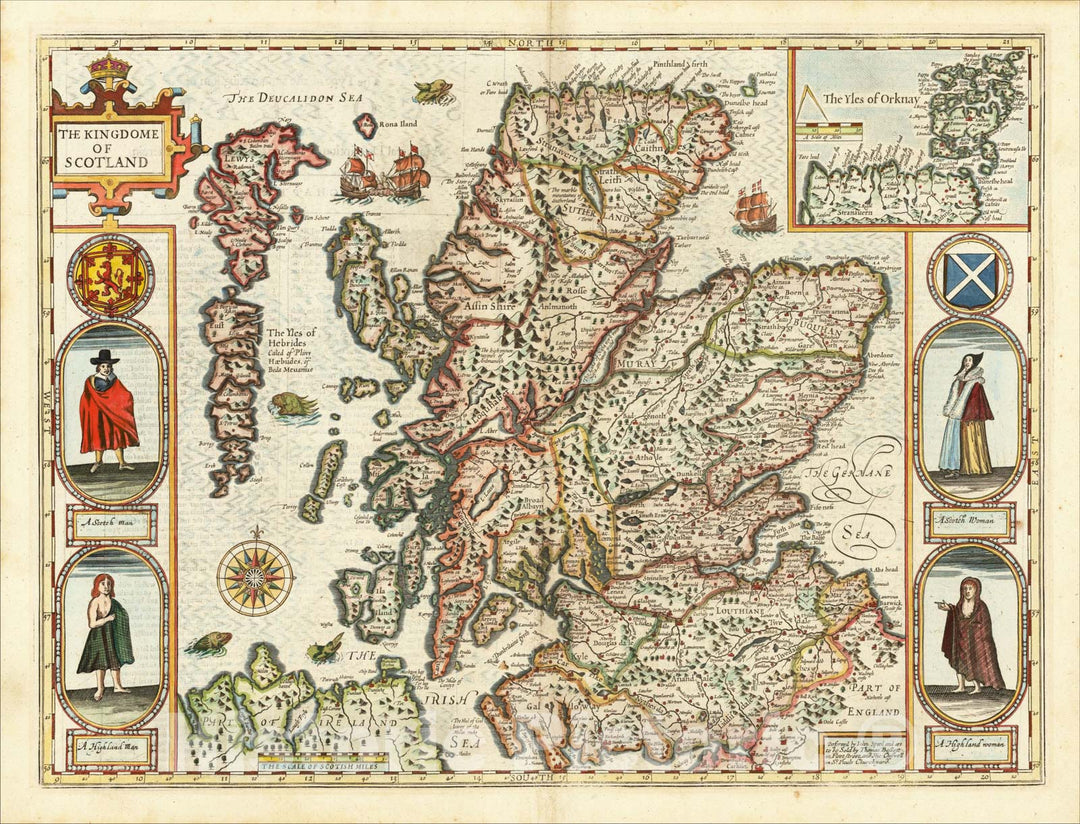 Historic Map : The Kingdome of Scotland, 1676, John Speed, Vintage Wall Art