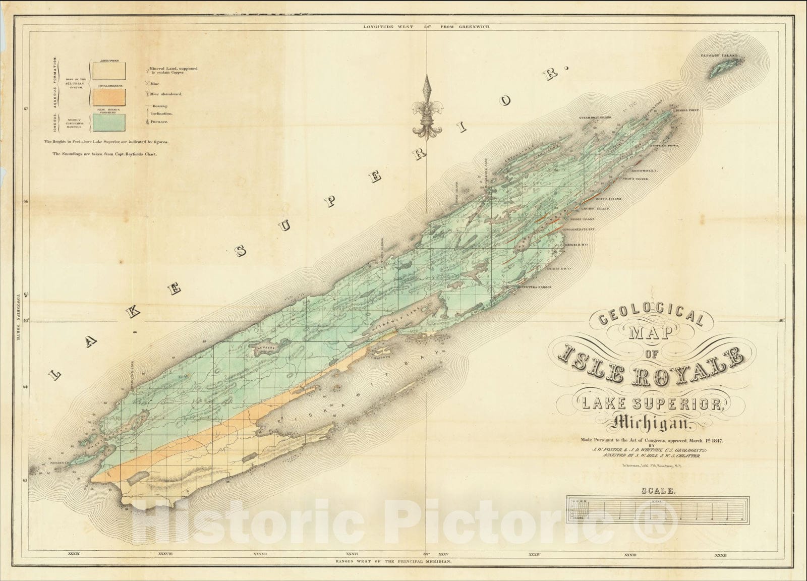 Historic Map : Geological Map of Isle Royale Lake Superior, Michigan, 1847, Josiah Dwight Whitney, Vintage Wall Art