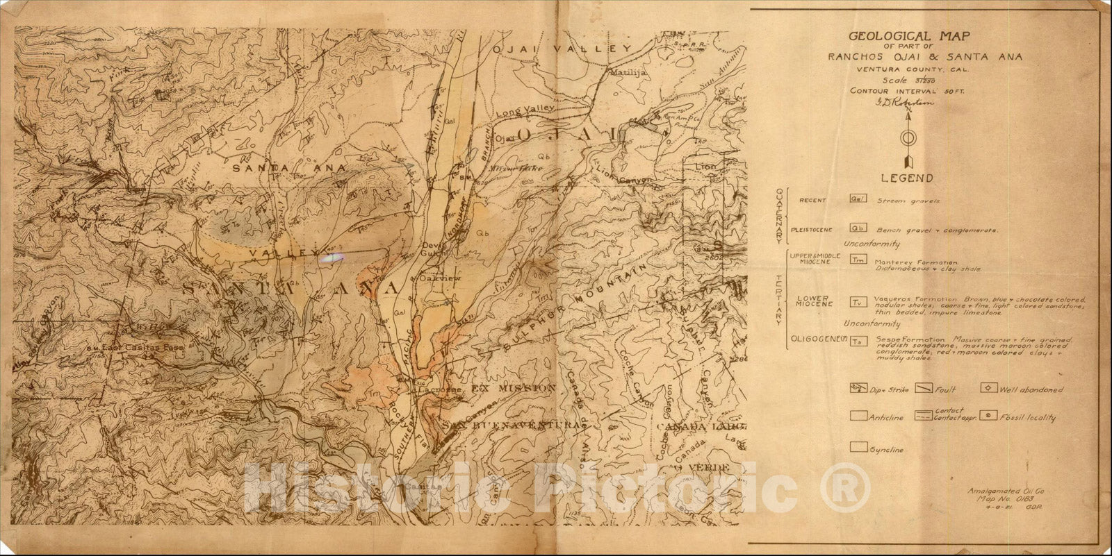 Historic Map : Geological Map of Part of Ranchos Ojai & Santa Ana Ventura County, Cal., G.D. Robertson, 1921, Amalgamated Oil Company, Vintage Wall Art