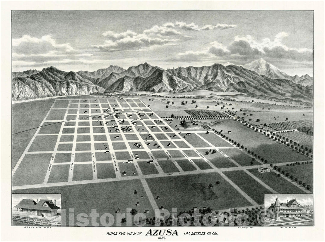 Historic Map : Bird's Eye View of Azusa Los Angeles Co. Cal. 1887, 1887, E.S. Moore, Vintage Wall Art