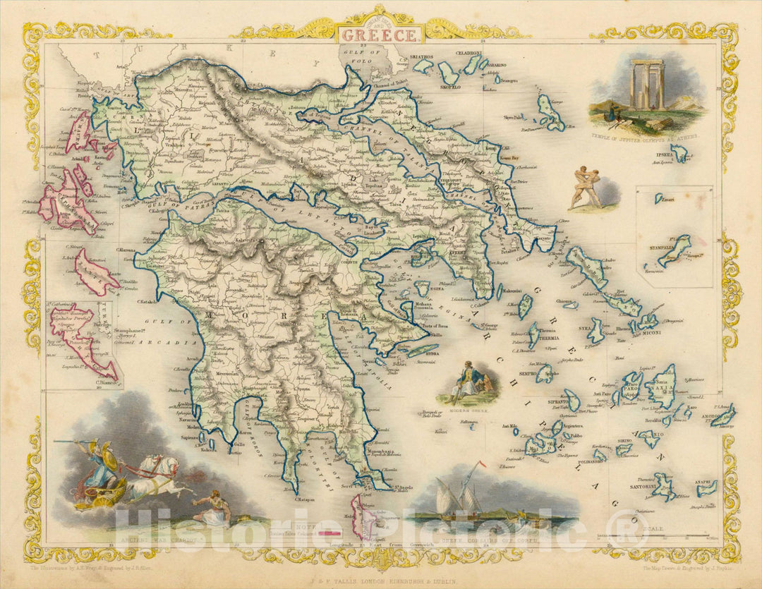 Historic Map : Ionian Isles and Greece, 1851, John Tallis, v2, Vintage Wall Art