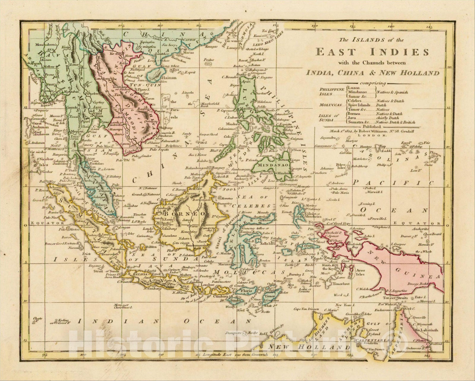 Historic Map : The Islands of the East Indies with the Channels between India, China & New Holland, 1814, Robert Wilkinson, v2, Vintage Wall Art