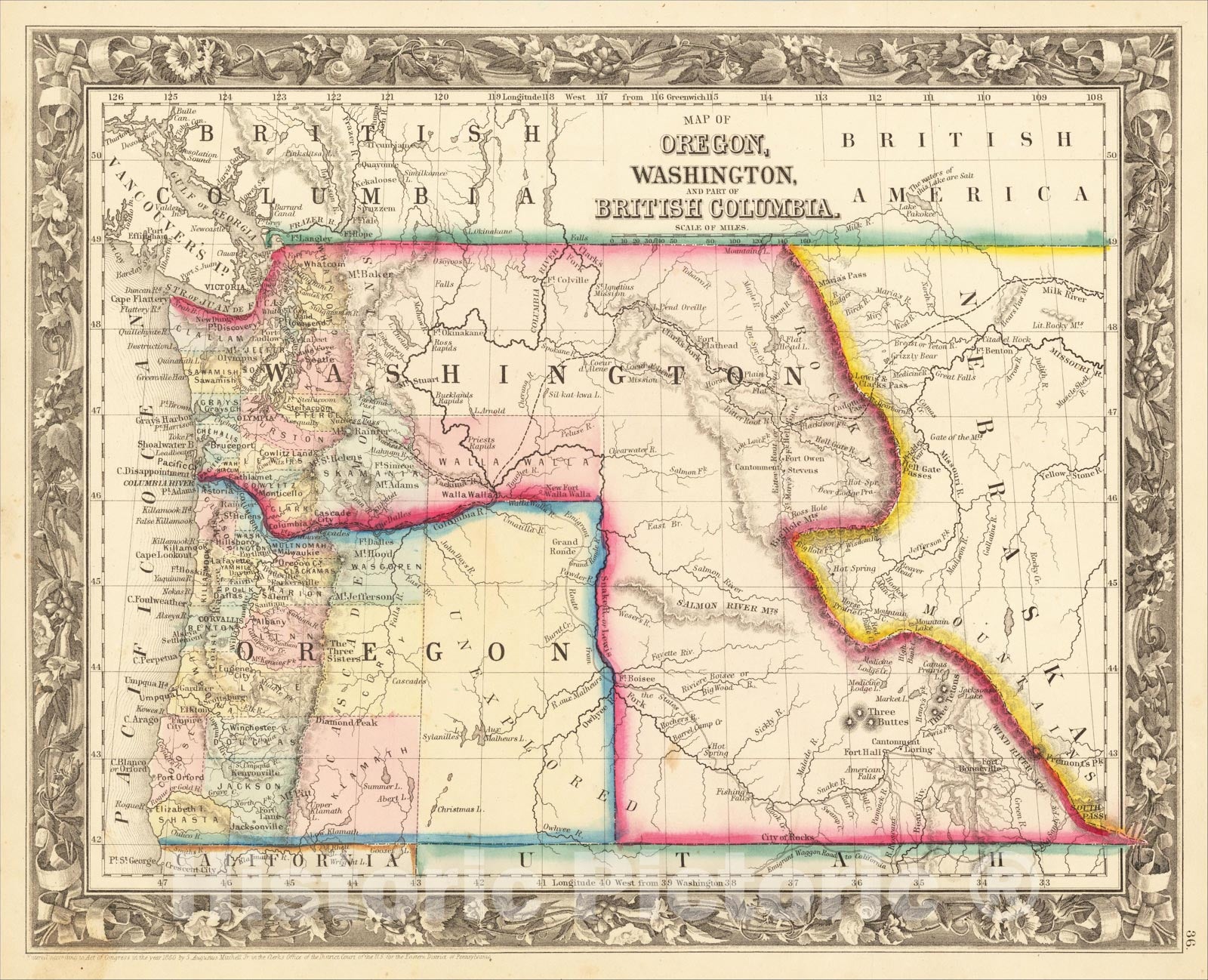 Historic Map : Map of Oregon, Washington and Part of British Columbia, 1861, Samuel Augustus Mitchell Jr., Vintage Wall Art