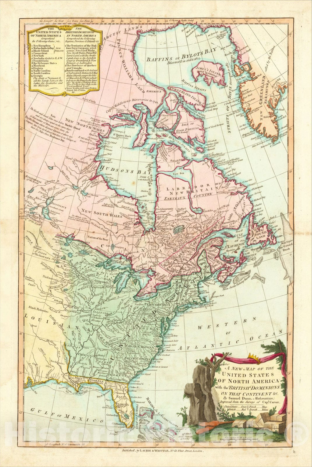 Historic Map : A New Map of the United States of North America with the British Dominions on that Continent, 1794, Laurie & Whittle, Vintage Wall Art