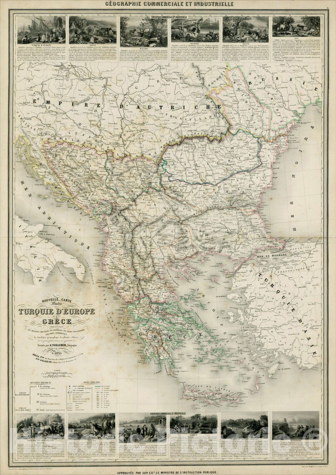 Historic Map : Nouvelle Carte Illustree de la Turquie D'Europe et de la Grece, (Decorative Vignettes), 1860, Alexandre Vuillemin, Vintage Wall Art