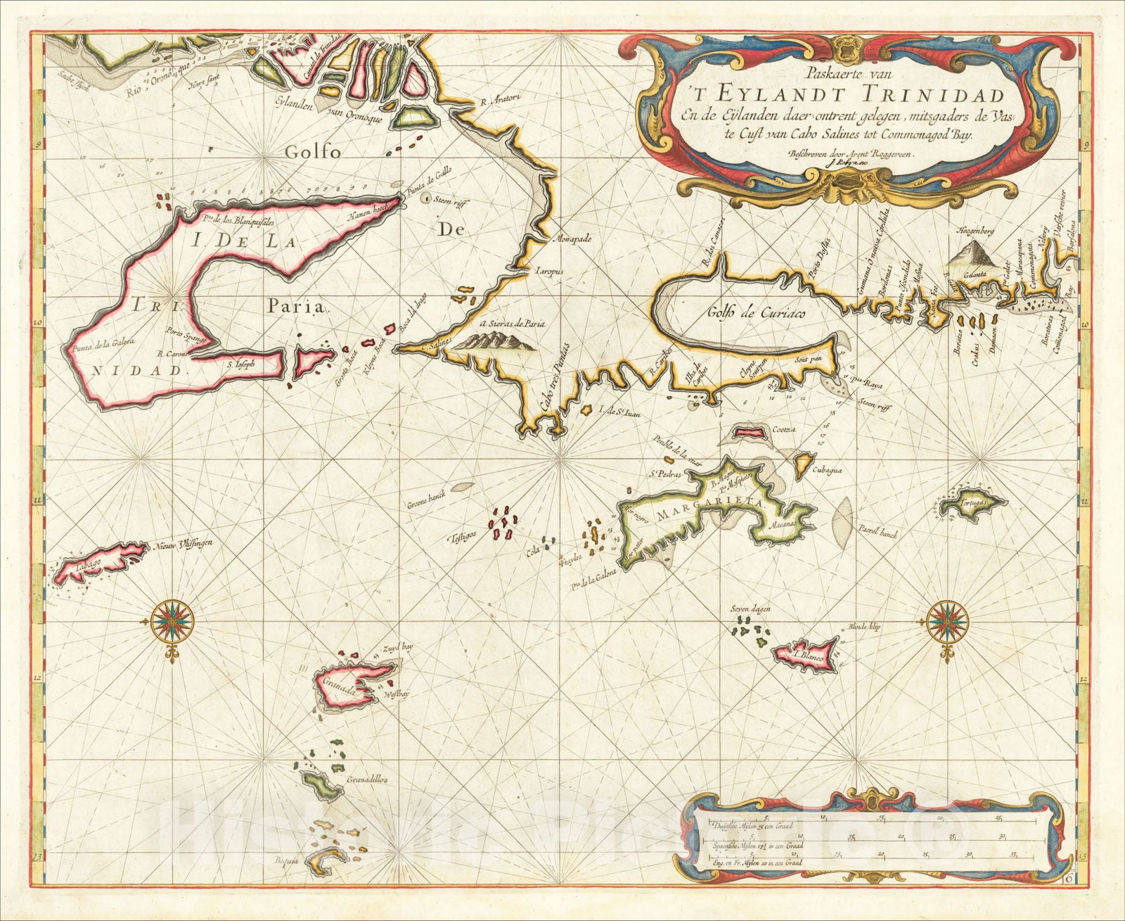 Historic Map : Trinidad, Tobago, Ganada, Grenadines, Bequia -- Coast of Venezuela, 1675, Arent Roggeveen, Vintage Wall Art