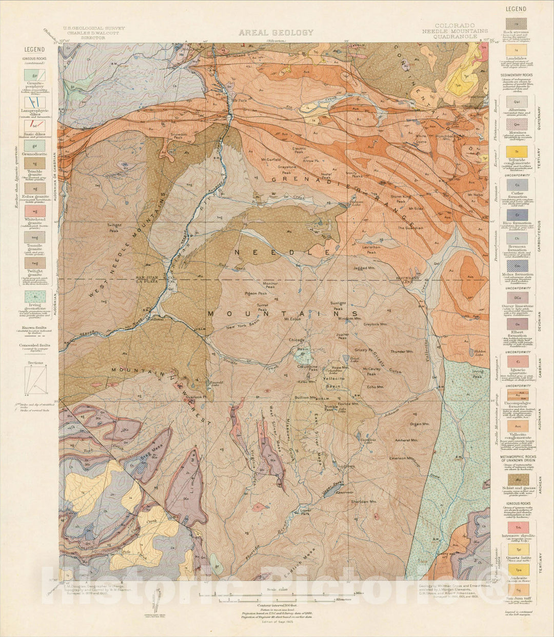 Historic Map : Colorado Needle Mountains Quadrangle -- Areal Geology, 1903, U.S. Geological Survey, Vintage Wall Art