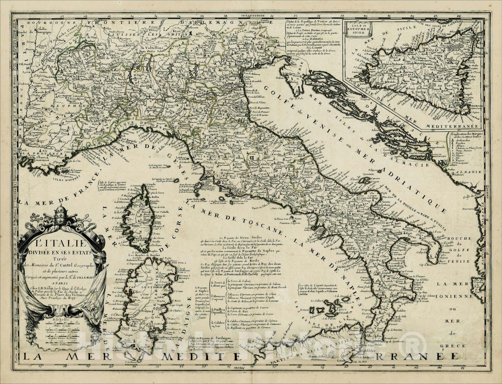 Historic Map : L'Italie Divisee en ses estats Tiree, des Memoires du Sr. Cantel, (Sicily Inset), c1700, v2, Vintage Wall Art