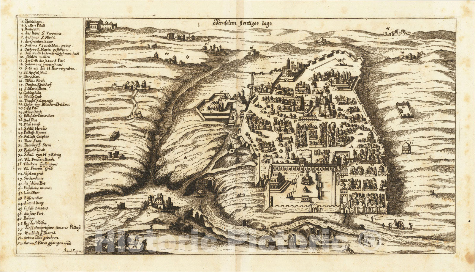 Historic Map : Jerusalem heutiges tags, 1684, Jacob Koppmayr, Vintage Wall Art