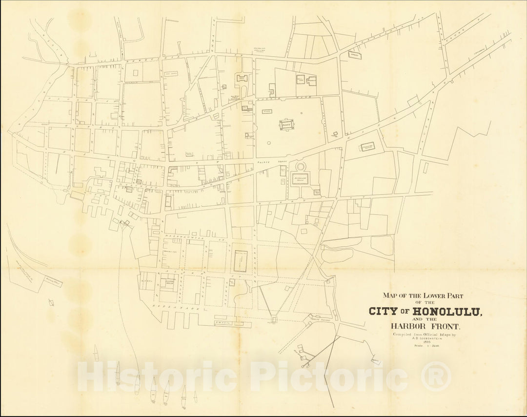 Historic Map : Map of the Lower Part of The City of Honolulu and the Harbor Front. Compiled from Official Maps, 1893, A. B. Loebenstein, Vintage Wall Art