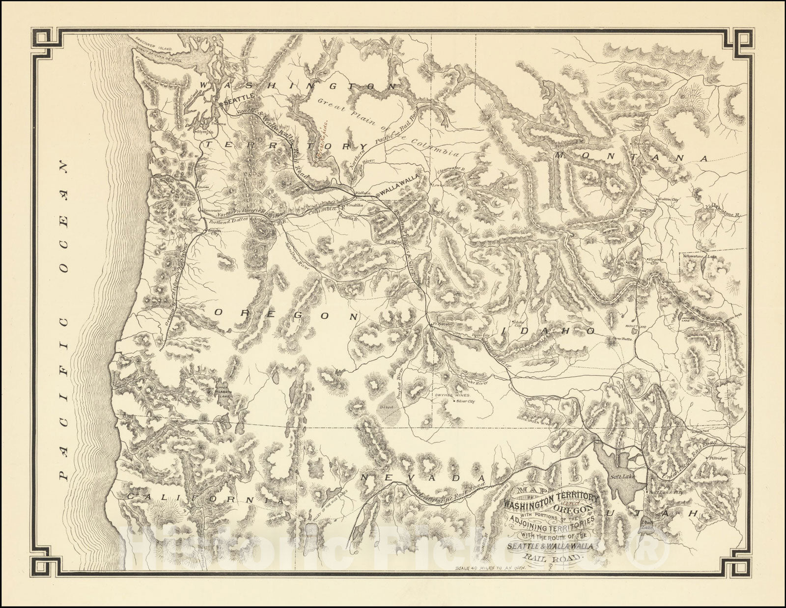 Historic Map : Map of Washington Territory and Oregon with portions of adjoining Territories with the Route of the Seattle & Walla Walla Rail Road, 1875, v3, Vintage Wall Art